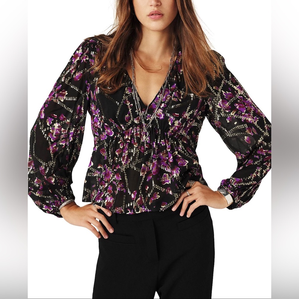 ba&sh Black Floral V-Neck Blouse with Purple Accents